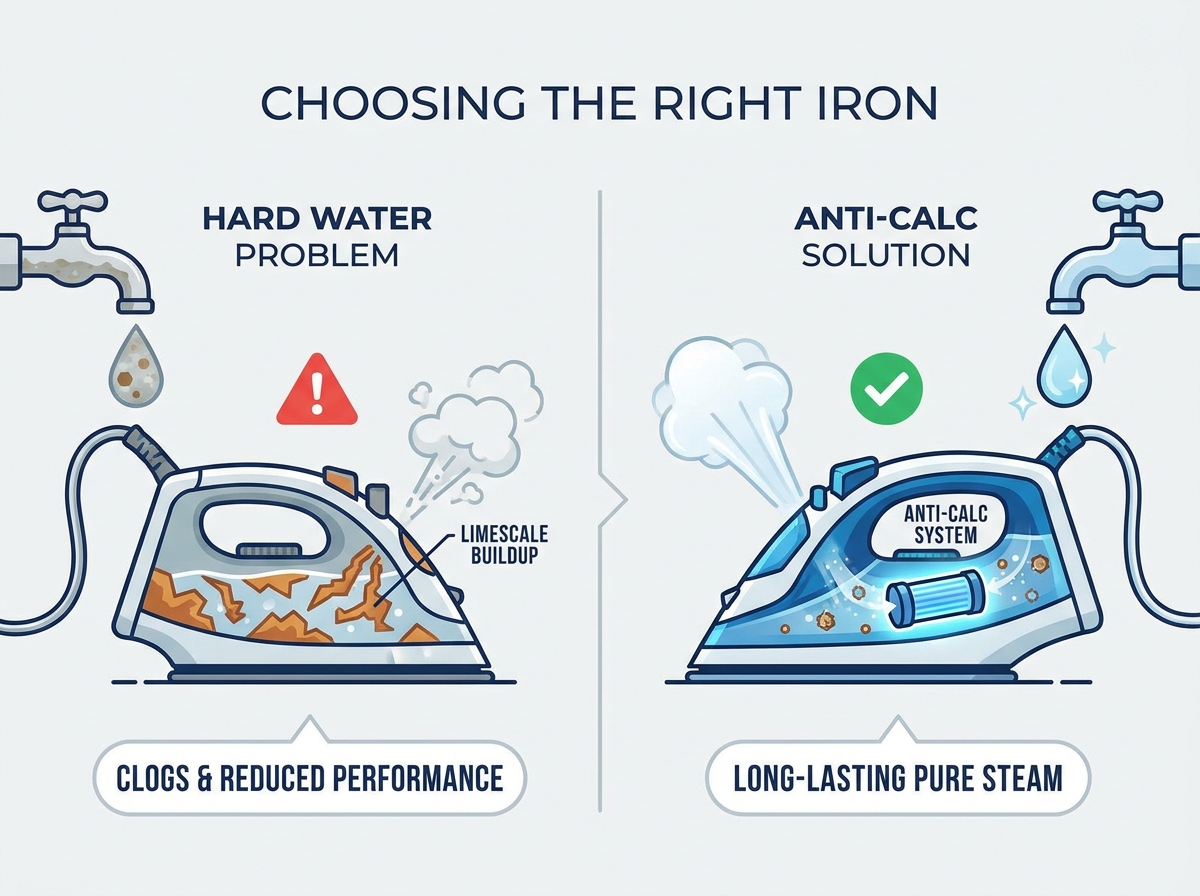 Steam iron for hard water maintenance